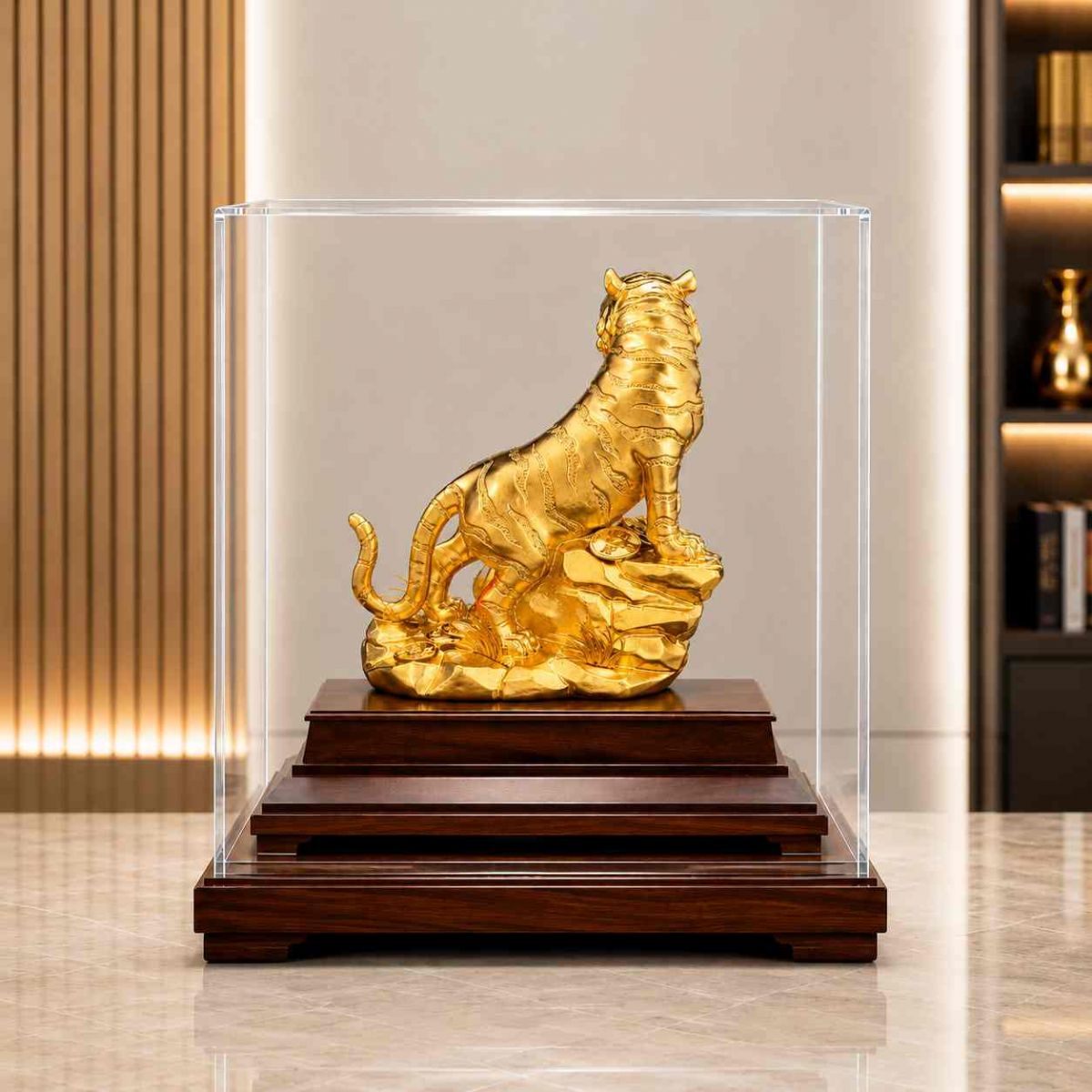 Tượng hổ mạ vàng 24K phong thủy cao cấp trưng bày trong hộp kính sang trọng